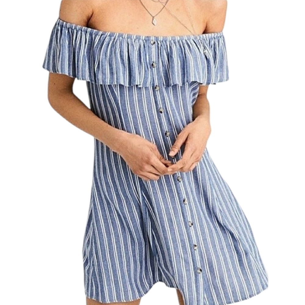 Hollister Striped Off-Shoulder Dress Blue White Button Down Cotton Linen Size M